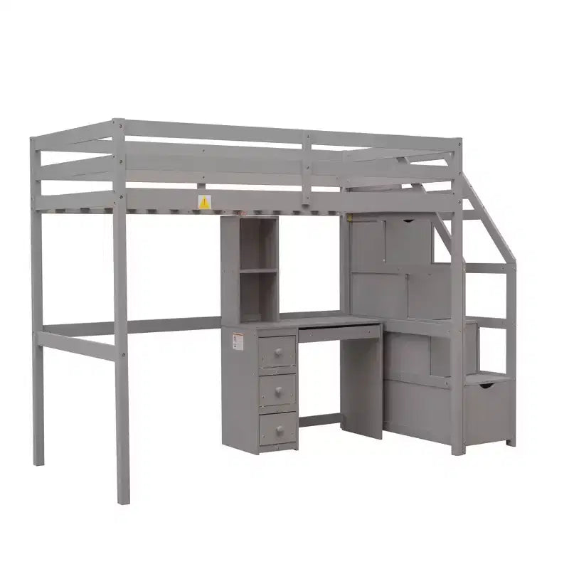 Lit mezzanine Whisen de 95,1 po L x 79,5 po l avec lit indépendant, escalier de rangement, bureau, étagères et tiroirs