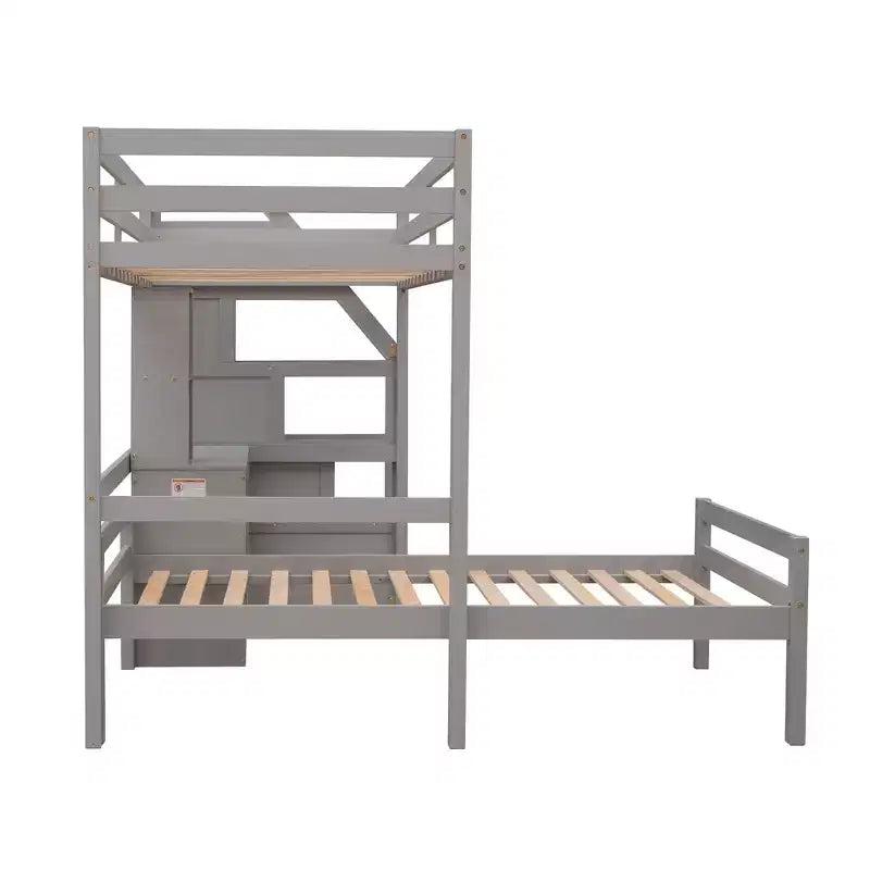 Lit mezzanine Whisen de 95,1 po L x 79,5 po l avec lit indépendant, escalier de rangement, bureau, étagères et tiroirs