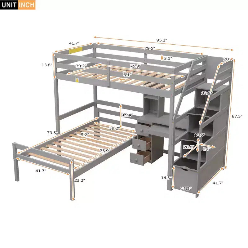 Lit mezzanine Whisen de 95,1 po L x 79,5 po l avec lit indépendant, escalier de rangement, bureau, étagères et tiroirs