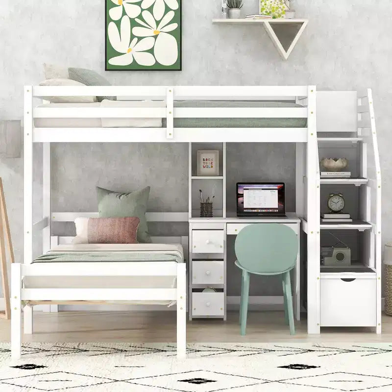 Lit mezzanine Whisen de 95,1 po L x 79,5 po l avec lit indépendant, escalier de rangement, bureau, étagères et tiroirs