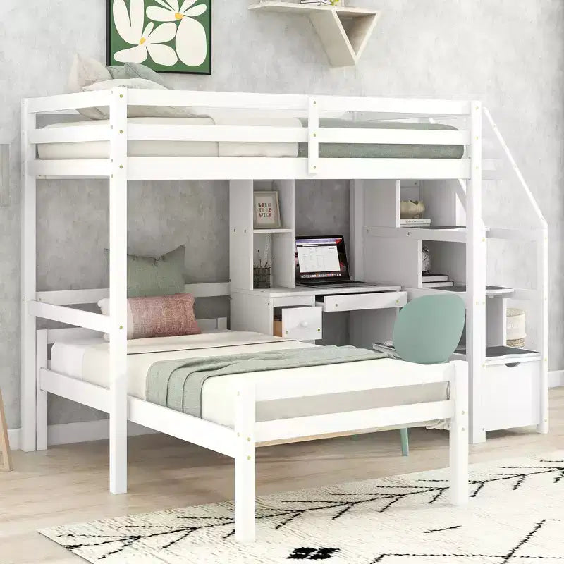 Lit mezzanine Whisen de 95,1 po L x 79,5 po l avec lit indépendant, escalier de rangement, bureau, étagères et tiroirs