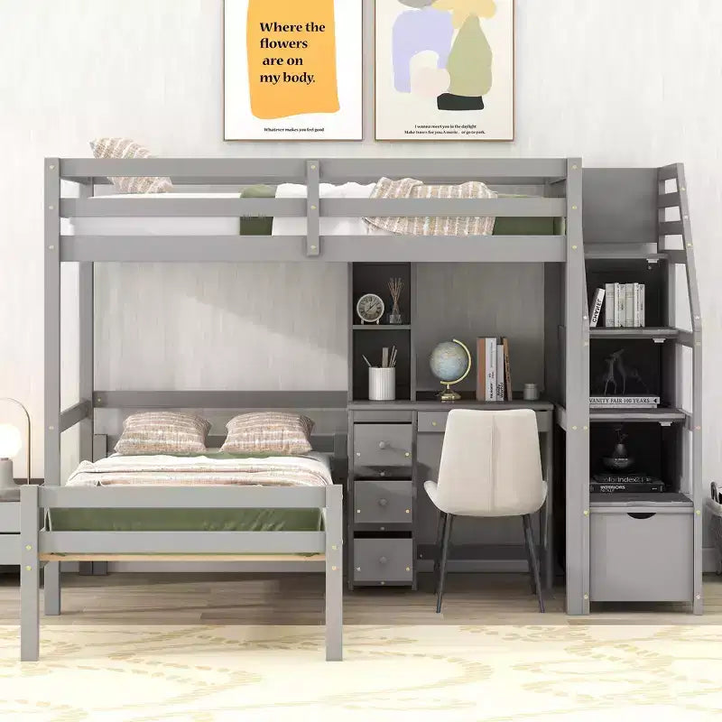 Lit mezzanine Whisen de 95,1 po L x 79,5 po l avec lit indépendant, escalier de rangement, bureau, étagères et tiroirs