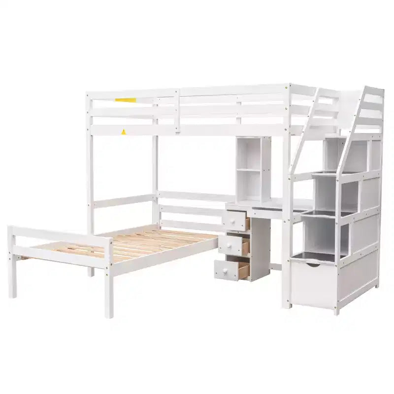 Lit mezzanine Whisen de 95,1 po L x 79,5 po l avec lit indépendant, escalier de rangement, bureau, étagères et tiroirs