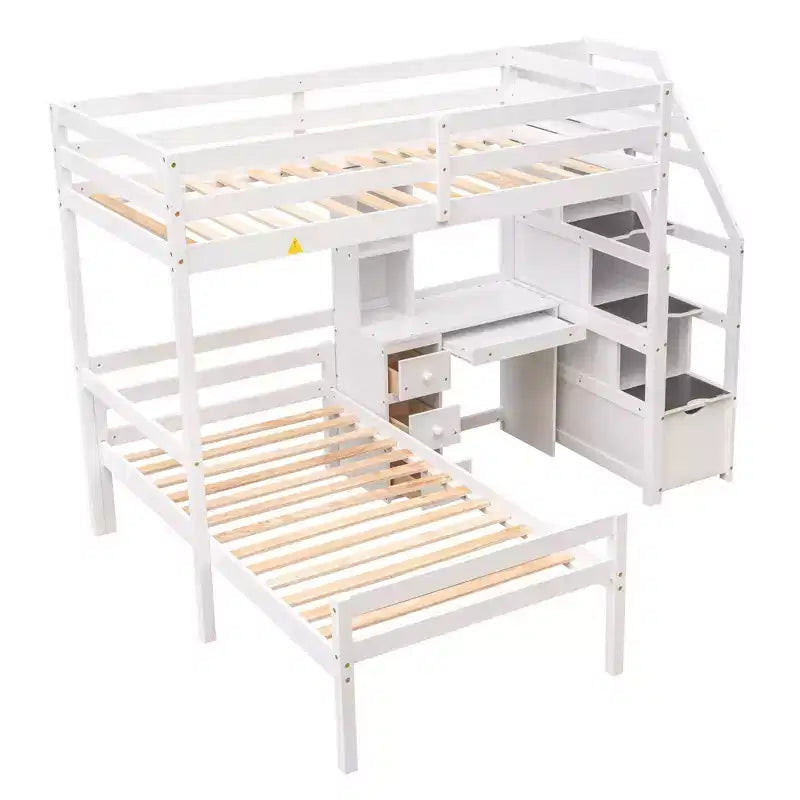 Lit mezzanine Whisen de 95,1 po L x 79,5 po l avec lit indépendant, escalier de rangement, bureau, étagères et tiroirs