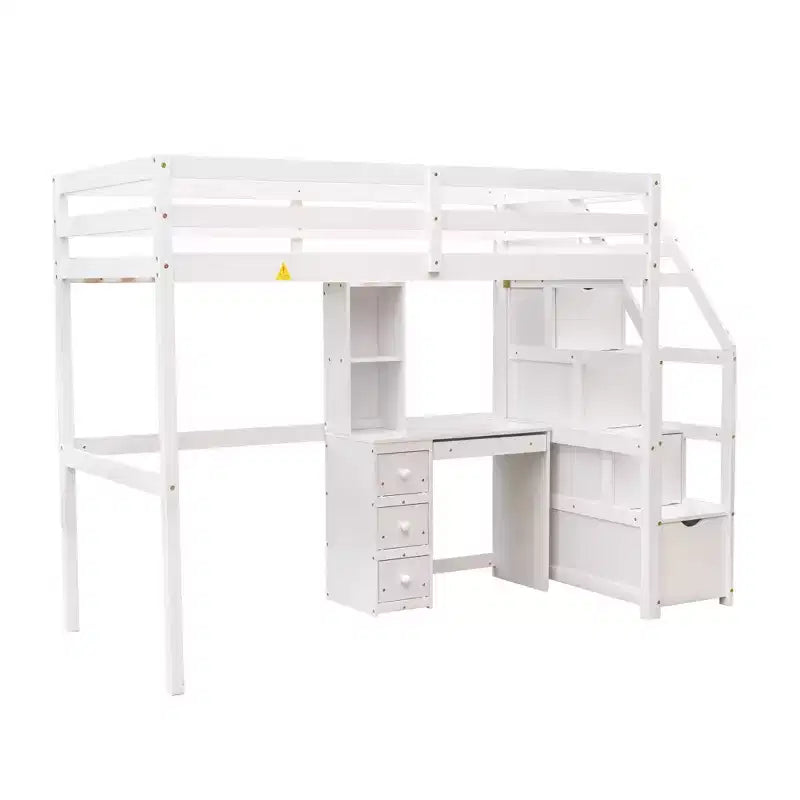 Lit mezzanine Whisen de 95,1 po L x 79,5 po l avec lit indépendant, escalier de rangement, bureau, étagères et tiroirs