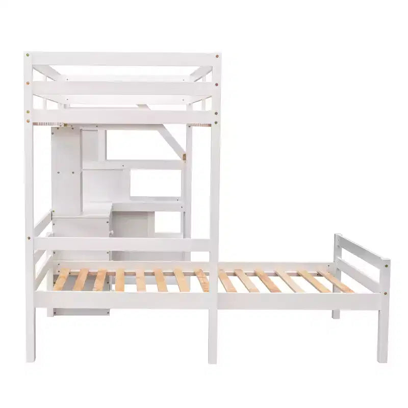 Lit mezzanine Whisen de 95,1 po L x 79,5 po l avec lit indépendant, escalier de rangement, bureau, étagères et tiroirs