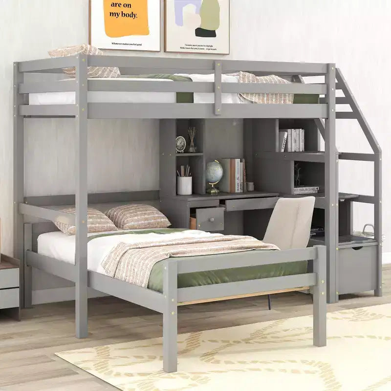 Lit mezzanine Whisen de 95,1 po L x 79,5 po l avec lit indépendant, escalier de rangement, bureau, étagères et tiroirs