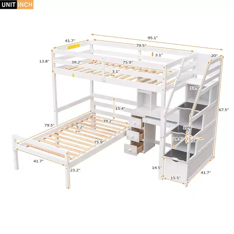 Lit mezzanine Whisen de 95,1 po L x 79,5 po l avec lit indépendant, escalier de rangement, bureau, étagères et tiroirs