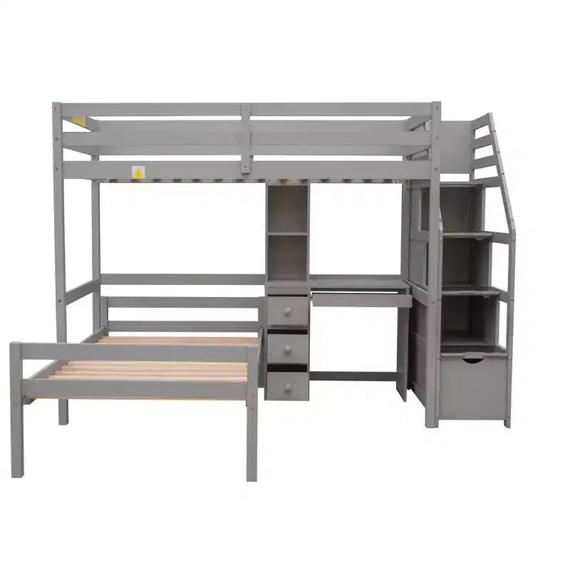 Lit mezzanine Whisen de 95,1 po L x 79,5 po l avec lit indépendant, escalier de rangement, bureau, étagères et tiroirs