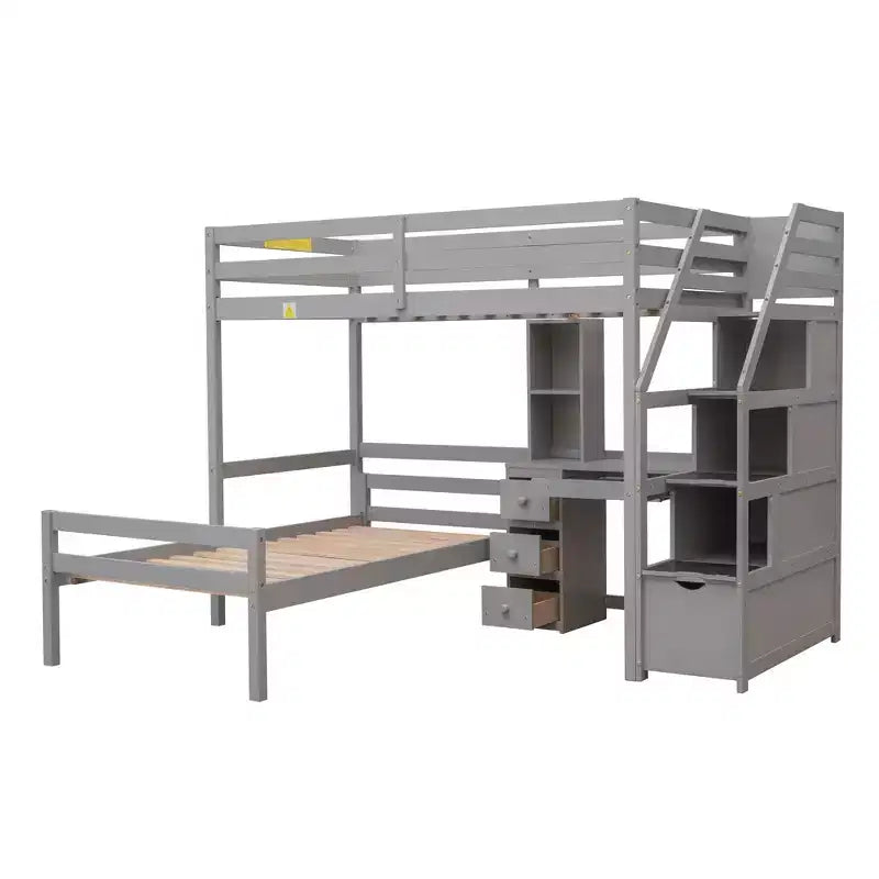 Lit mezzanine Whisen de 95,1 po L x 79,5 po l avec lit indépendant, escalier de rangement, bureau, étagères et tiroirs