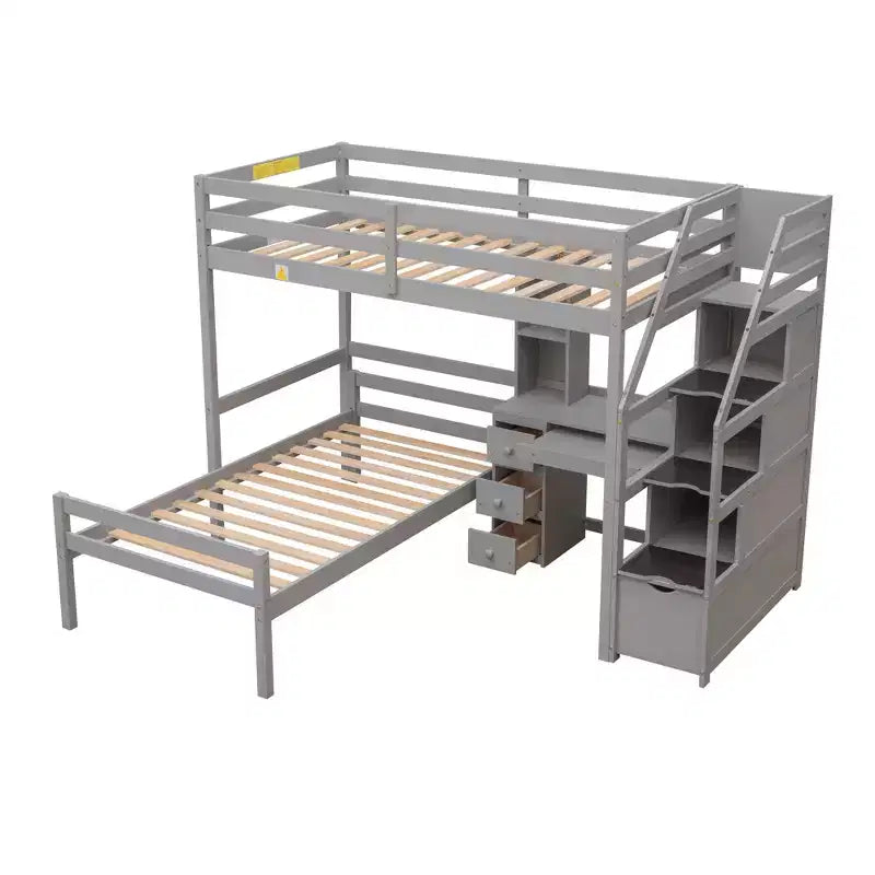 Lit mezzanine Whisen de 95,1 po L x 79,5 po l avec lit indépendant, escalier de rangement, bureau, étagères et tiroirs