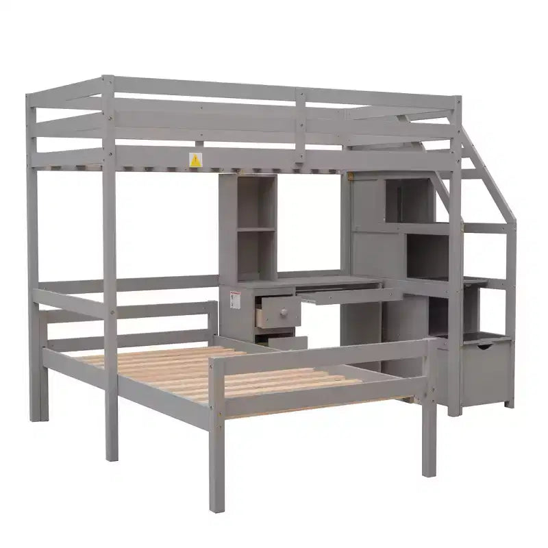 Lit mezzanine Whisen de 95,1 po L x 79,5 po l avec lit indépendant, escalier de rangement, bureau, étagères et tiroirs