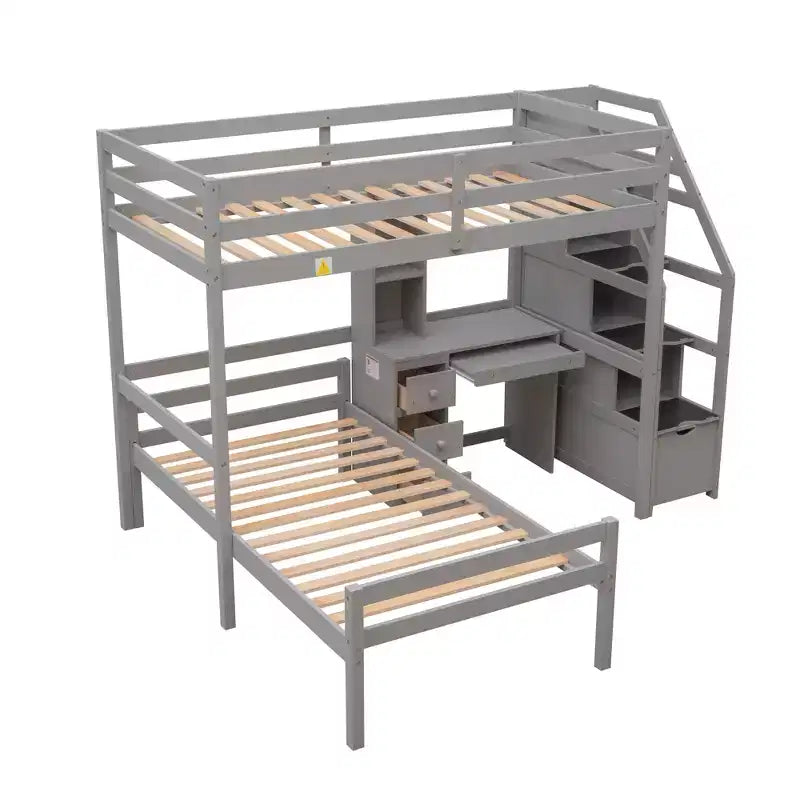 Lit mezzanine Whisen de 95,1 po L x 79,5 po l avec lit indépendant, escalier de rangement, bureau, étagères et tiroirs
