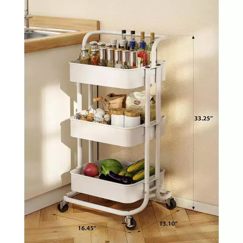 Chariot de rangement à 3 niveaux en maille Pipishell - Chariot roulant en métal avec poignée et roulettes verrouillables pour la cuisine, le salon et le bureau, blanc