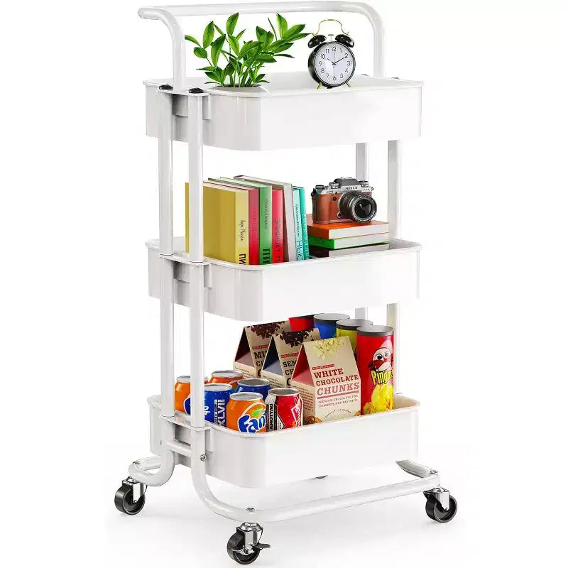 Chariot de rangement à 3 niveaux en maille Pipishell - Chariot roulant en métal avec poignée et roulettes verrouillables pour la cuisine, le salon et le bureau, blanc