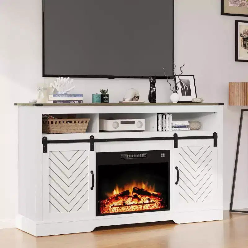 Meuble TV cheminée Heynemo pour TV 65''+, centre de divertissement style ferme avec cheminée électrique 23'' avec télécommande et porte coulissante