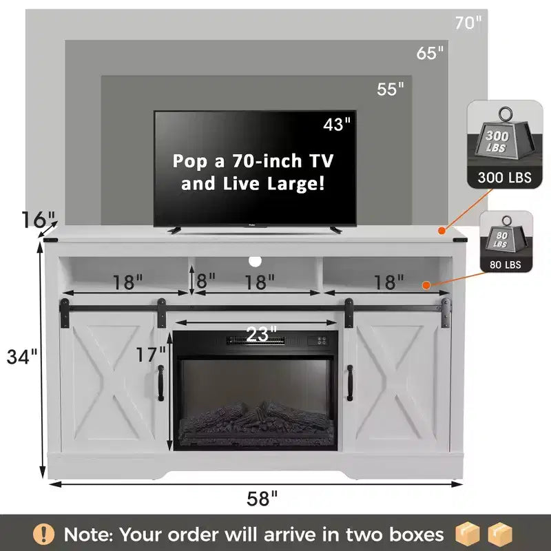 Meuble TV cheminée Heynemo pour TV 65''+, centre de divertissement style ferme avec cheminée électrique 23'' avec télécommande et porte coulissante