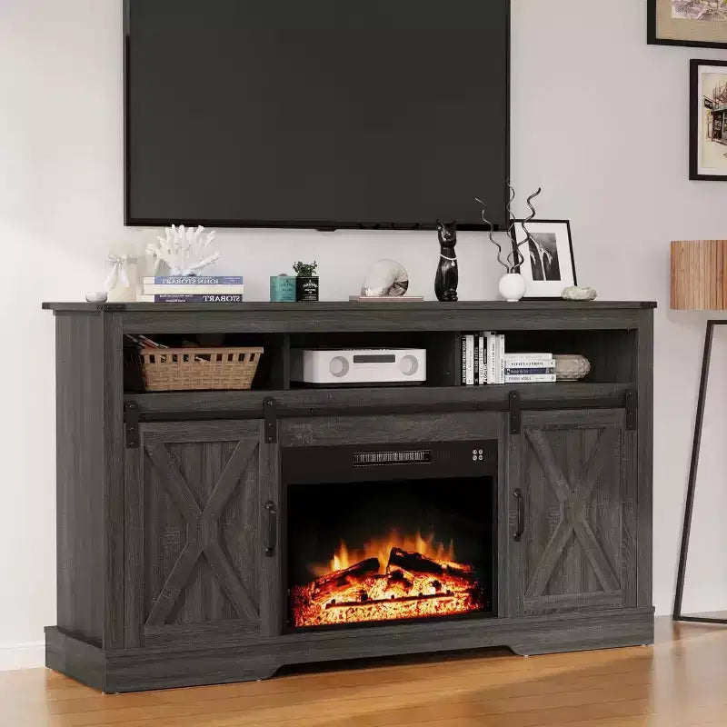 Meuble TV cheminée Heynemo pour TV 65''+, centre de divertissement style ferme avec cheminée électrique 23'' avec télécommande et porte coulissante