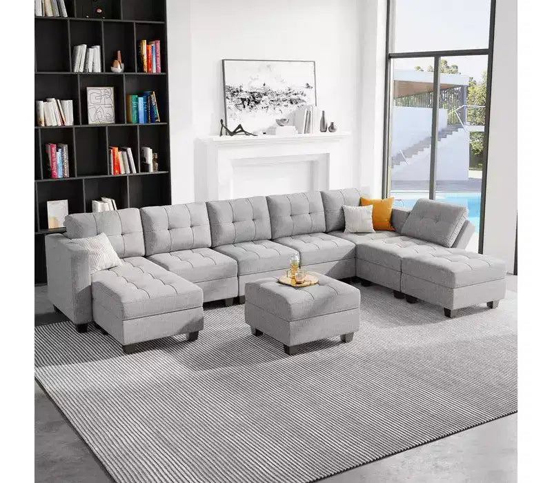 Canapé modulaire tressé Belffin avec assise de rangement et pouf (8 places + 8 côtés)