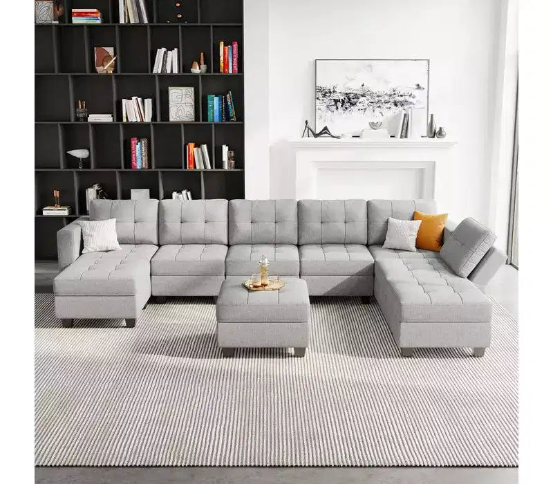 Canapé modulaire tressé Belffin avec assise de rangement et pouf (8 places + 8 côtés)