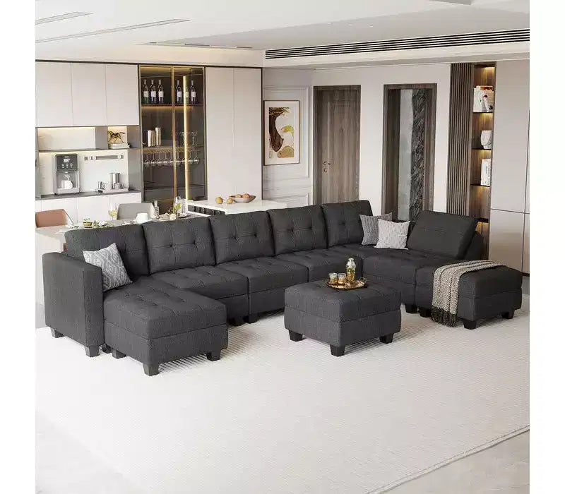 Canapé modulaire tressé Belffin avec assise de rangement et pouf (8 places + 8 côtés)