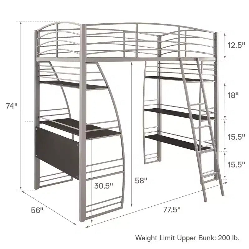 Lit mezzanine double en métal DHP Sage Studio avec bureau et étagères intégrés