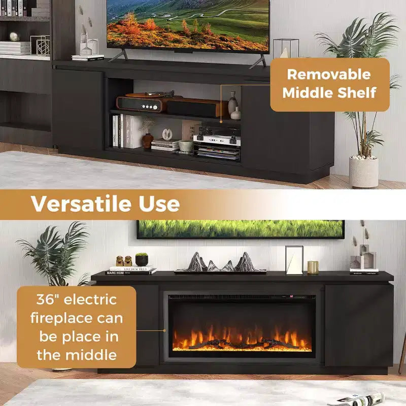 Meuble TV cheminée Costway pour téléviseurs jusqu'à 80 pouces avec cheminée électrique 3 étagères réglables Noir/Blanc