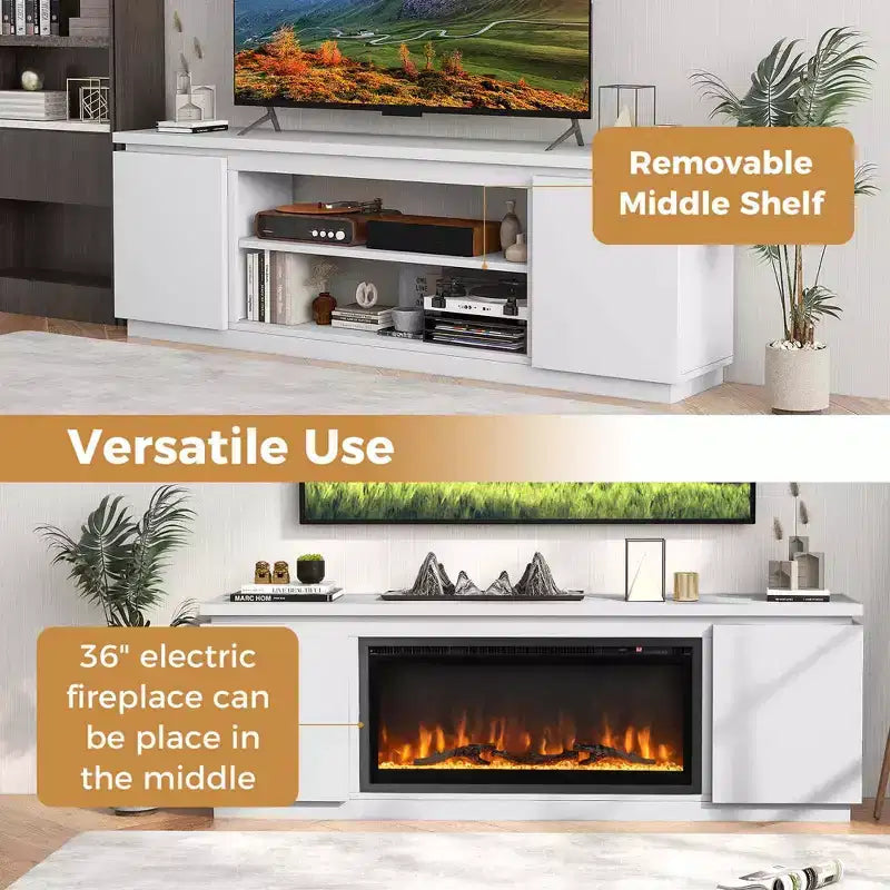 Meuble TV cheminée Costway pour téléviseurs jusqu'à 80 pouces avec cheminée électrique 3 étagères réglables Noir/Blanc