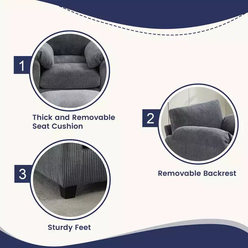 HYLEORY Fauteuil simple avec pouf, Canapé Cloud moderne en velours côtelé avec méridienne convertible, Ensemble de canapés rembourrés pour salon et bureau