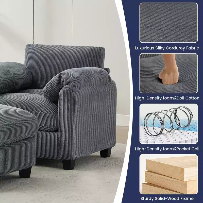 HYLEORY Fauteuil simple avec pouf, Canapé Cloud moderne en velours côtelé avec méridienne convertible, Ensemble de canapés rembourrés pour salon et bureau