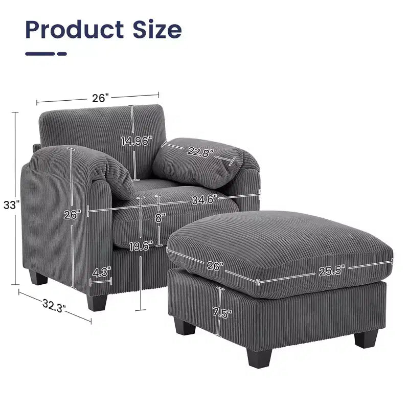 HYLEORY Fauteuil simple avec pouf, Canapé Cloud moderne en velours côtelé avec méridienne convertible, Ensemble de canapés rembourrés pour salon et bureau