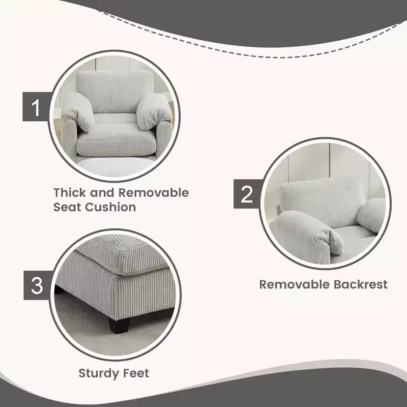 HYLEORY Fauteuil simple avec pouf, Canapé Cloud moderne en velours côtelé avec méridienne convertible, Ensemble de canapés rembourrés pour salon et bureau