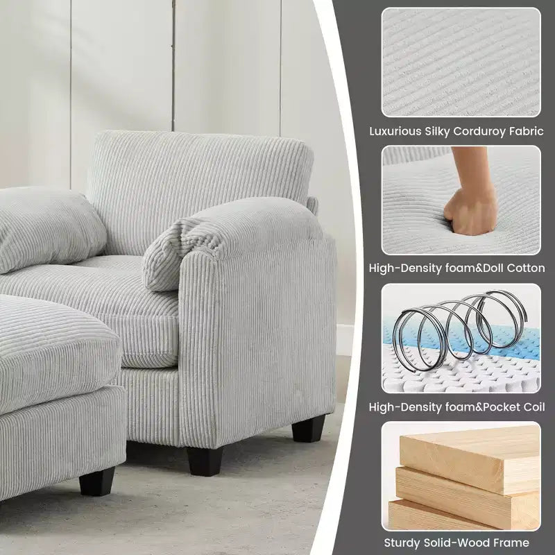 HYLEORY Fauteuil simple avec pouf, Canapé Cloud moderne en velours côtelé avec méridienne convertible, Ensemble de canapés rembourrés pour salon et bureau