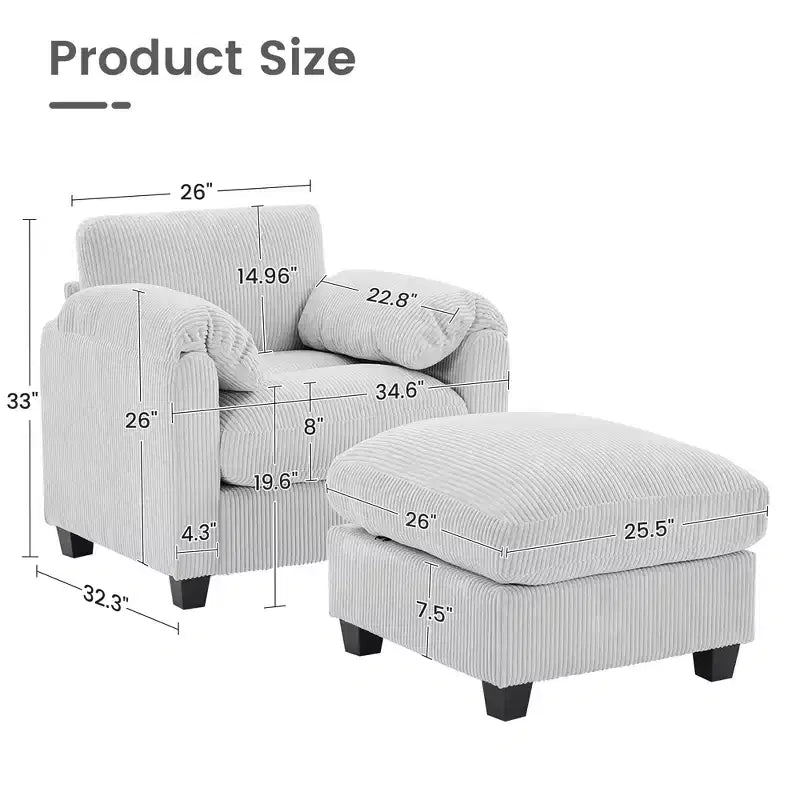 HYLEORY Fauteuil simple avec pouf, Canapé Cloud moderne en velours côtelé avec méridienne convertible, Ensemble de canapés rembourrés pour salon et bureau
