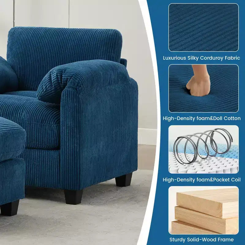 HYLEORY Fauteuil simple avec pouf, Canapé Cloud moderne en velours côtelé avec méridienne convertible, Ensemble de canapés rembourrés pour salon et bureau
