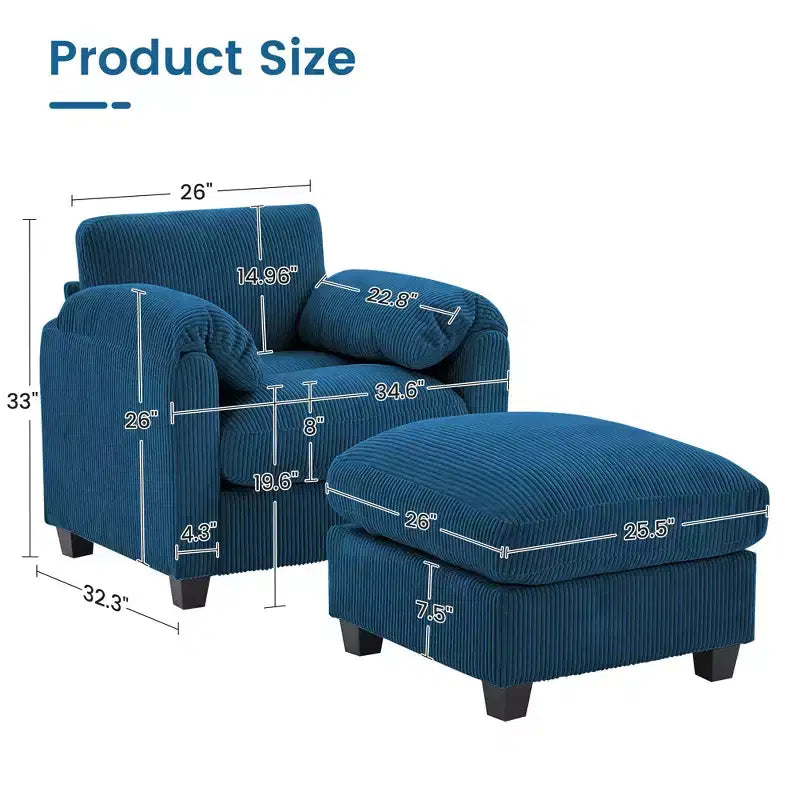 HYLEORY Fauteuil simple avec pouf, Canapé Cloud moderne en velours côtelé avec méridienne convertible, Ensemble de canapés rembourrés pour salon et bureau