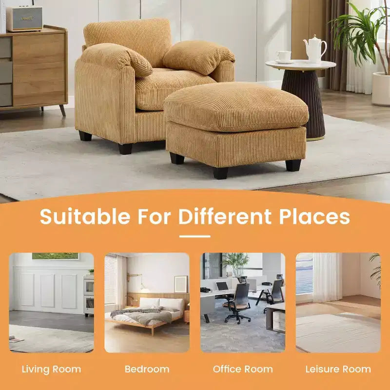 HYLEORY Fauteuil simple avec pouf, Canapé Cloud moderne en velours côtelé avec méridienne convertible, Ensemble de canapés rembourrés pour salon et bureau