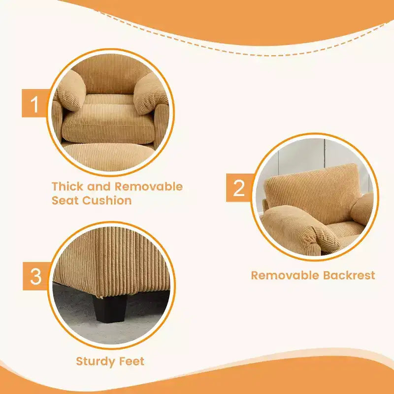 HYLEORY Fauteuil simple avec pouf, Canapé Cloud moderne en velours côtelé avec méridienne convertible, Ensemble de canapés rembourrés pour salon et bureau