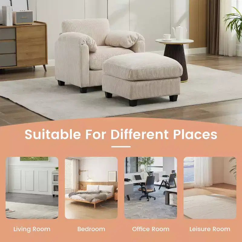 HYLEORY Fauteuil simple avec pouf, Canapé Cloud moderne en velours côtelé avec méridienne convertible, Ensemble de canapés rembourrés pour salon et bureau