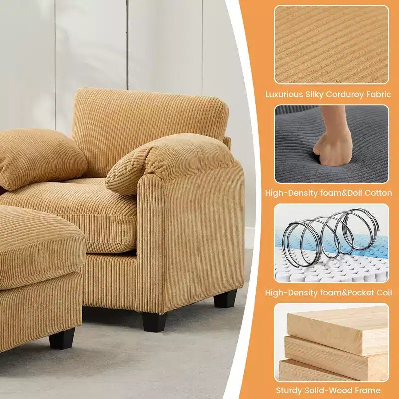 HYLEORY Fauteuil simple avec pouf, Canapé Cloud moderne en velours côtelé avec méridienne convertible, Ensemble de canapés rembourrés pour salon et bureau