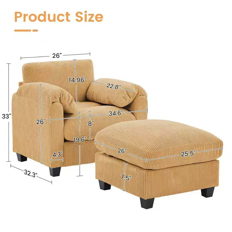HYLEORY Fauteuil simple avec pouf, Canapé Cloud moderne en velours côtelé avec méridienne convertible, Ensemble de canapés rembourrés pour salon et bureau