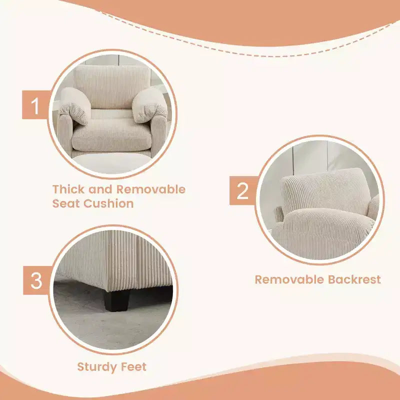 HYLEORY Fauteuil simple avec pouf, Canapé Cloud moderne en velours côtelé avec méridienne convertible, Ensemble de canapés rembourrés pour salon et bureau
