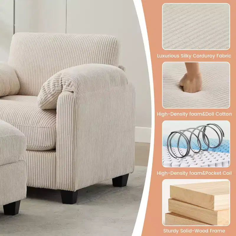 HYLEORY Fauteuil simple avec pouf, Canapé Cloud moderne en velours côtelé avec méridienne convertible, Ensemble de canapés rembourrés pour salon et bureau