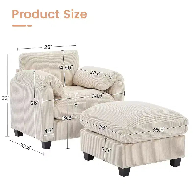 HYLEORY Fauteuil simple avec pouf, Canapé Cloud moderne en velours côtelé avec méridienne convertible, Ensemble de canapés rembourrés pour salon et bureau
