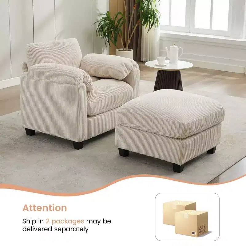 HYLEORY Fauteuil simple avec pouf, Canapé Cloud moderne en velours côtelé avec méridienne convertible, Ensemble de canapés rembourrés pour salon et bureau