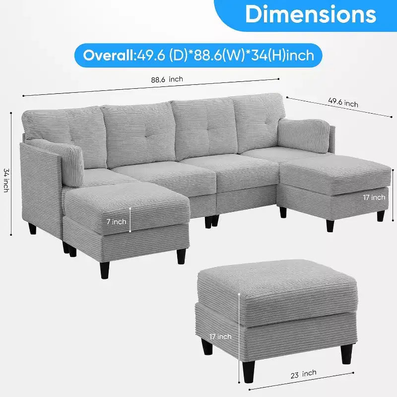 Canapés modulaires en forme de U Mjkone 89 avec 2 poufs, canapé 6 places