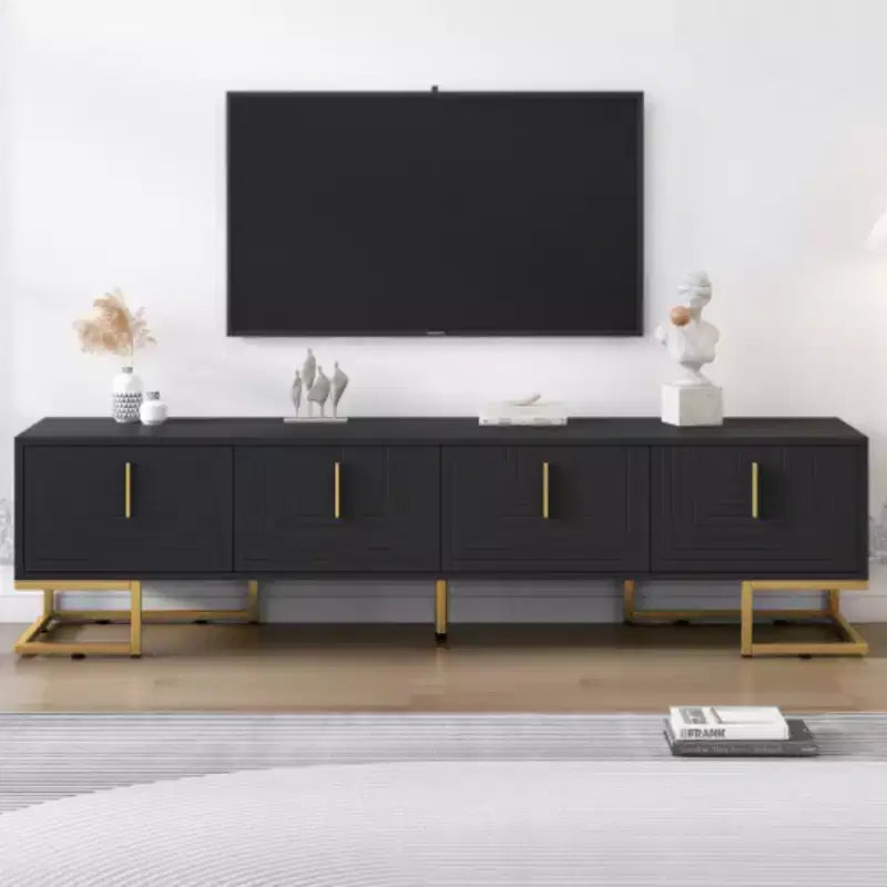 Meuble TV moderne de 80 pouces avec pieds en métal et poignées dorées, console média avec placards et étagères réglables pour le salon