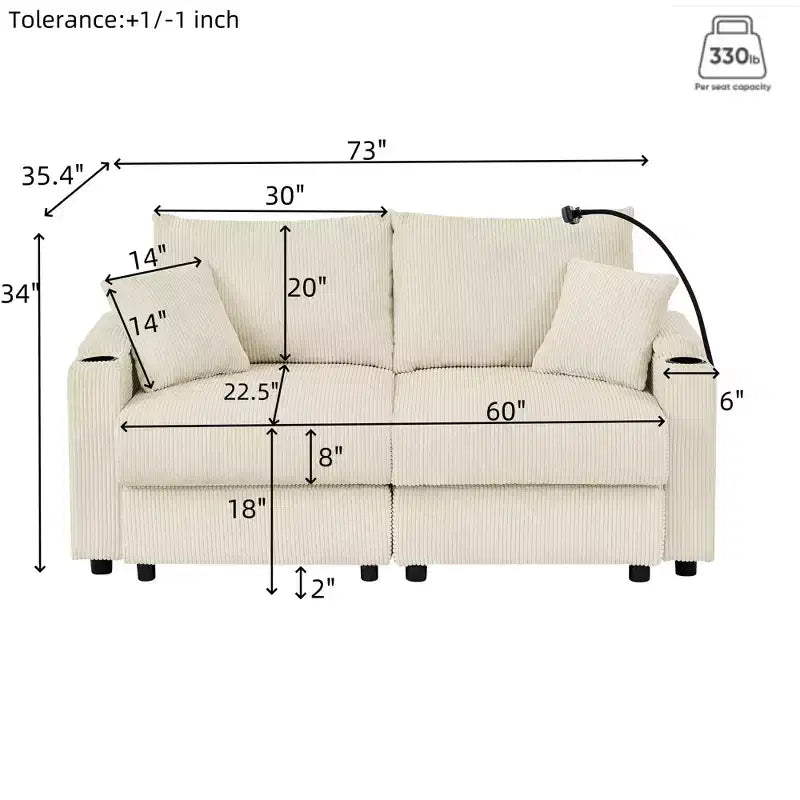 Causeuse moderne en velours côtelé GDFStudio Jean 73 avec porte-gobelets, rangement dans les accoudoirs, support de téléphone portable et pouf