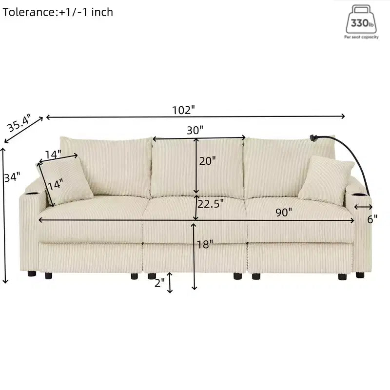 Canapé 3 places moderne en velours côtelé GDFStudio Rod 102 avec porte-gobelets, support de téléphone portable, rangement d'accoudoir et pouf