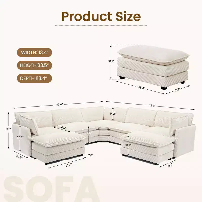 HYLEORY Canapé modulable surdimensionné en velours côtelé de 288 cm de profondeur * 288 cm de large, 7 places, avec double pouf, canapé en U avec canapé d'angle